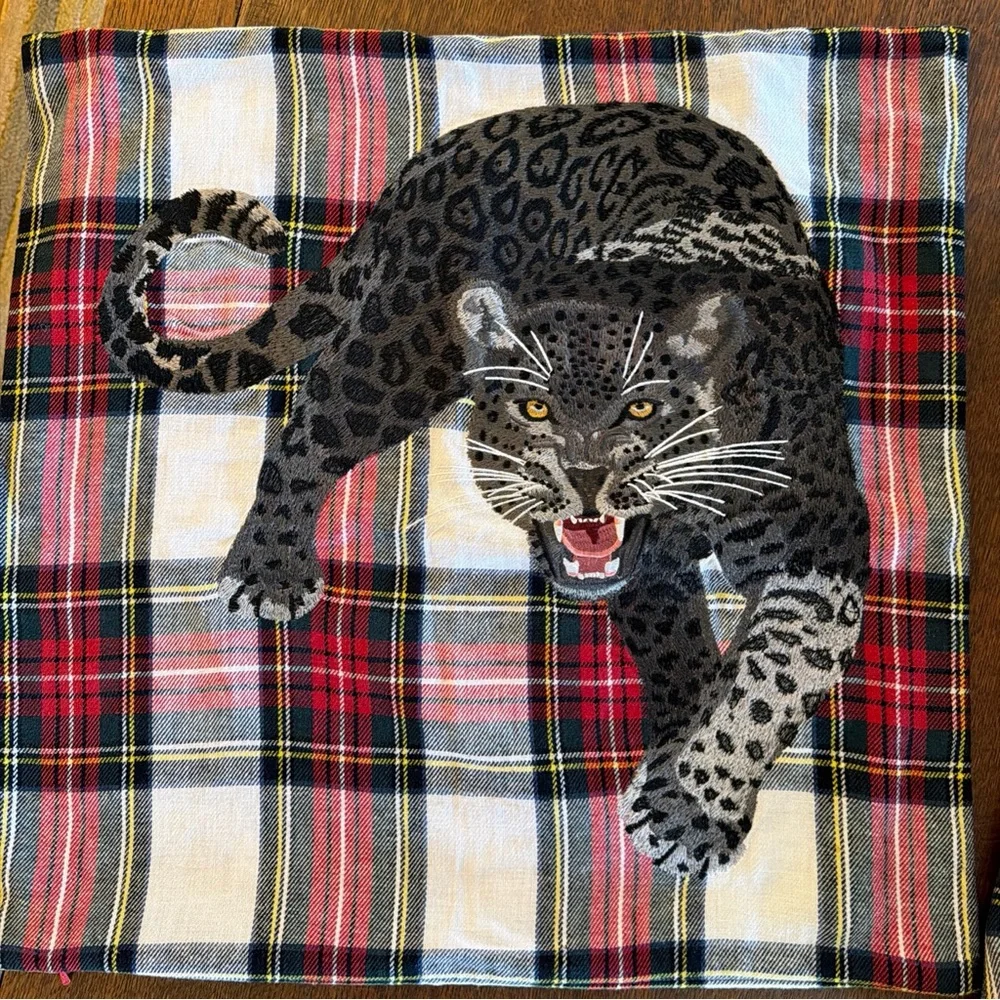 PAIR-Panther embroidered tartan pillow covers William Sonoma home
